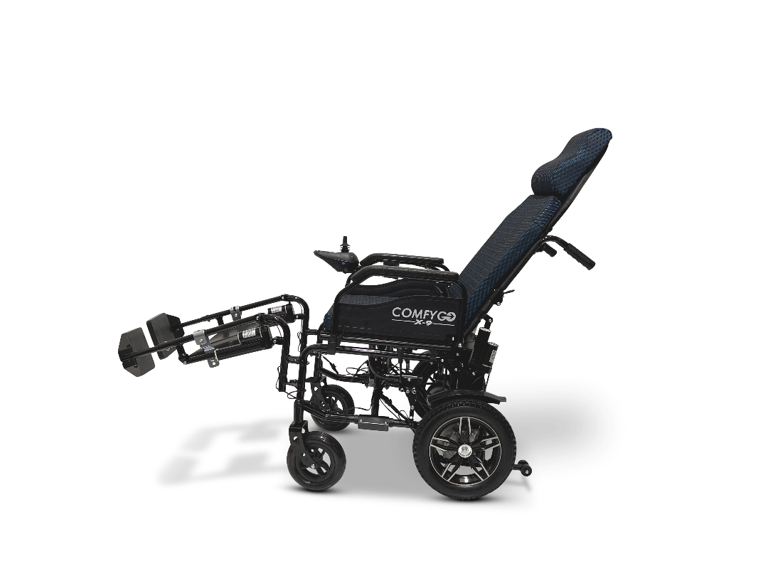 The ComfyGo X-9 Remote Controlled Powerchair offers adjustable seating, long footrests, and a head cushion. Designed for mobility, it features remote control and automatic reclining against a plain white background.