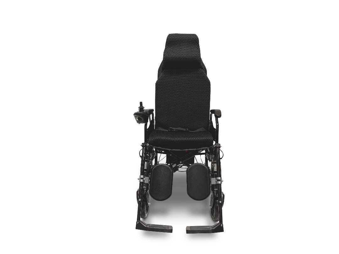 The ComfyGo X-9 Remote Controlled Powerchair, perfect for mobility needs, offers a black sleek design with high backrest and padded seat. Front view highlights armrests, footrests, and an intuitive control panel on the right armrest for easy operation.