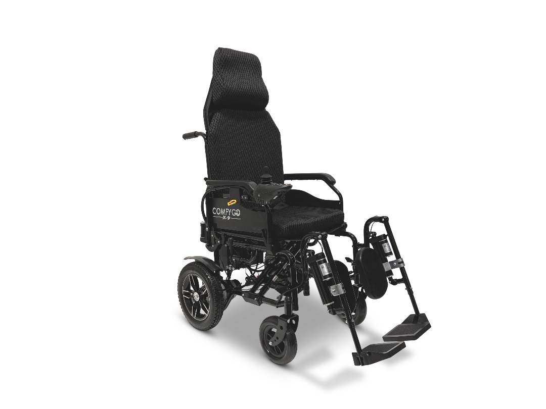 The ComfyGo X-9 Remote Controlled Powerchair provides a modern mobility solution with a black folding design, headrest, armrests, footrests, sturdy wheels for various terrains, and an adjustable compact design for comfort. This electric chair enhances mobility with ease and convenience through automatic reclining.