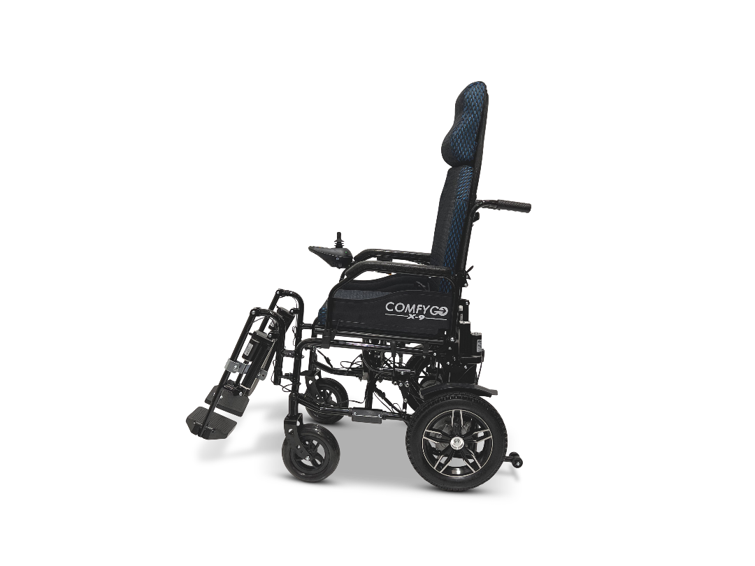 The ComfyGo X-9 Remote Controlled Powerchair—Automatic Reclining, offers a sleek black design with cushioned seating, armrests, a high backrest, and footrests for ultimate comfort and support.