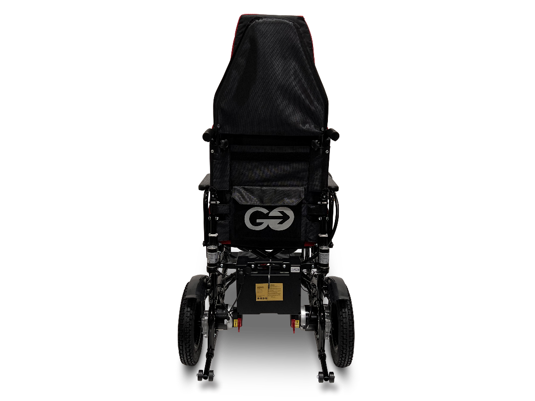 Rear view of the ComfyGo X-9 Remote Controlled Powerchair in black, featuring a mesh backrest and large rear wheels. A stylized arrow logo adorns the backrest, set against a plain white background to emphasize this advanced mobility solution.