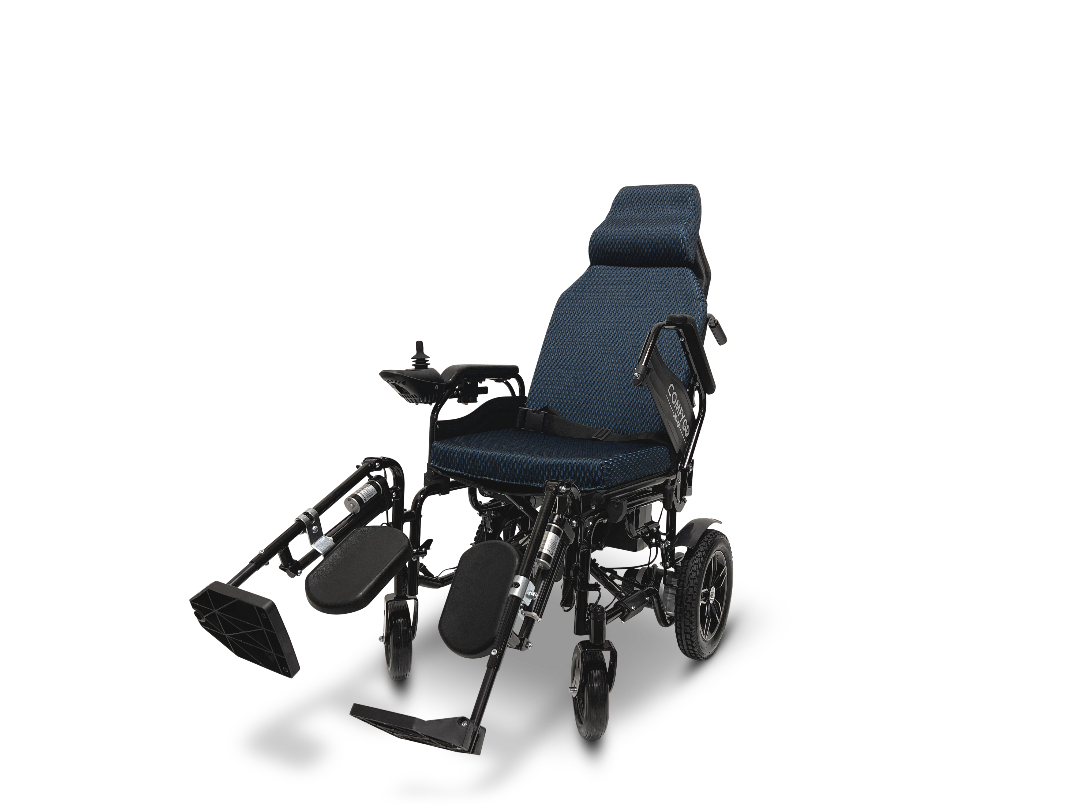 The ComfyGo X-9 Remote Controlled Powerchair provides mobility with blue cushioning, adjustable headrest and footrests. It features easy side armrest controls for smooth operation, a sturdy black frame, and durable textured fabric.