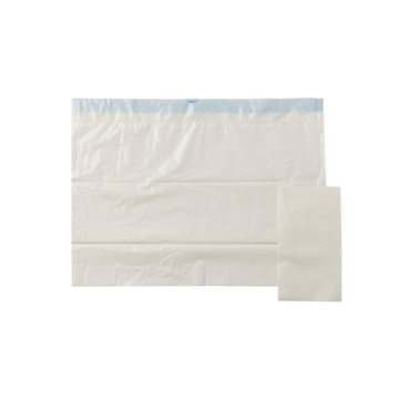 A white plastic bag with a blue strip along the top edge, similar to Medline Commode Liners with Dispenser Cutout, lies flat next to a folded white textured paper napkin on a plain white background.