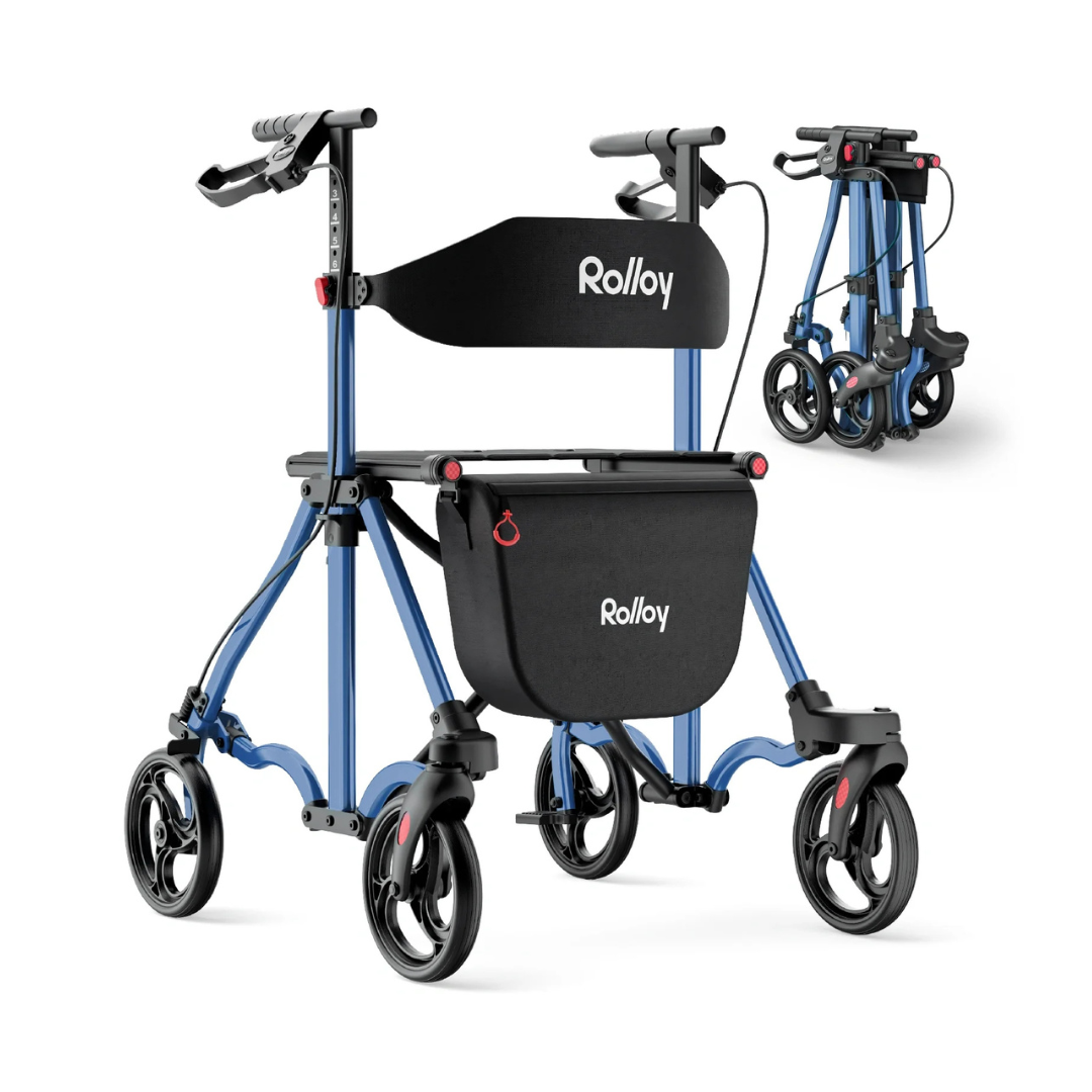 The Rolloy Ultra Compact Master Rollator Walker is blue, with four wheels, a padded seat, backrest, and storage bag. A corner image shows the rollator folded for easy transport or storage.