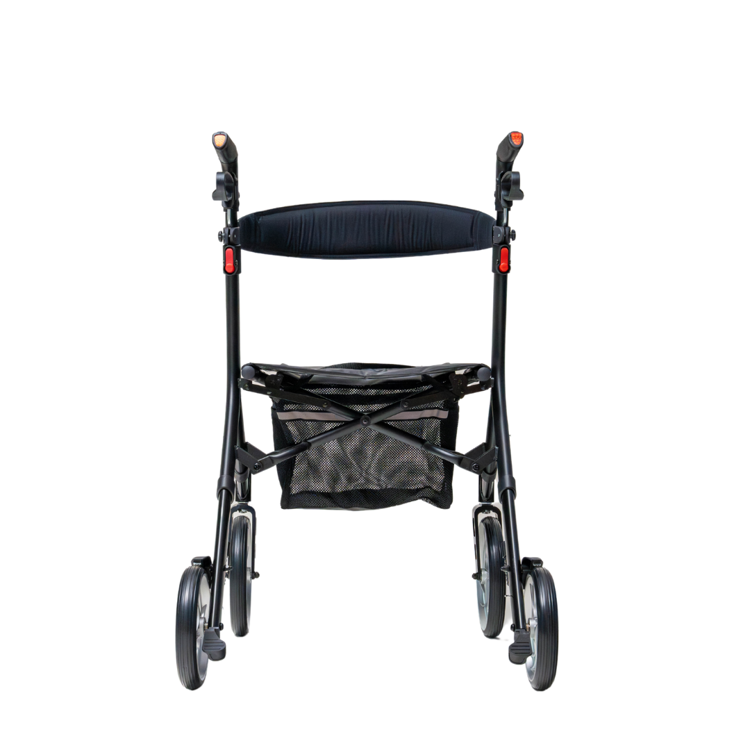 The Compass Health Ascent Premium Euro-Style Rollator is a lightweight black rollator with four wheels, handles, and a padded backrest. It provides excellent mobility support with a mesh storage compartment and sturdy frame, shown from the front on a white background.