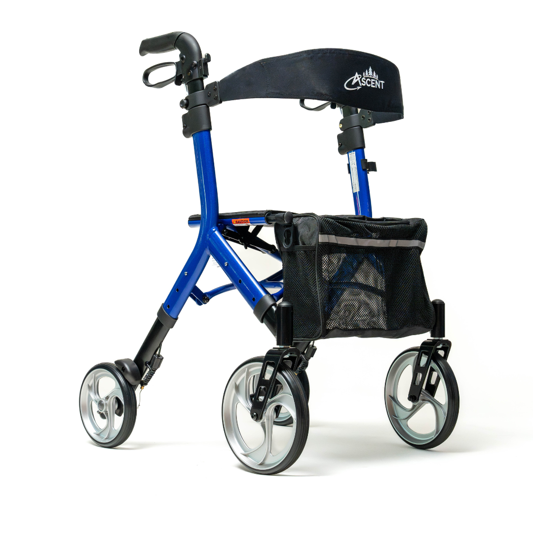 The Compass Health Ascent Premium Euro-Style Rollator is a blue, lightweight walker featuring black grips, a sturdy frame, four large wheels, and a black mesh storage basket under the seat. It proudly displays the Ascent logo on the backrest and provides premium mobility support for daily use.