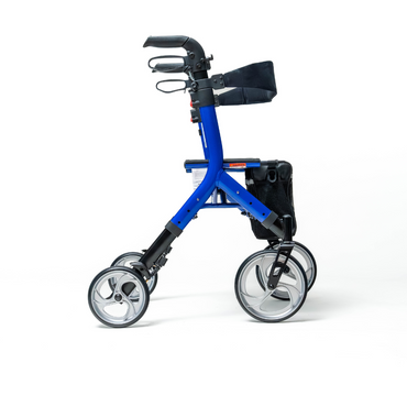 The Compass Health Ascent Premium Euro-Style Rollator is a sleek, blue, and lightweight adult walker featuring four large wheels, a built-in seat with backrest, ergonomic handles, and under-seat storage for superior mobility support and comfort.