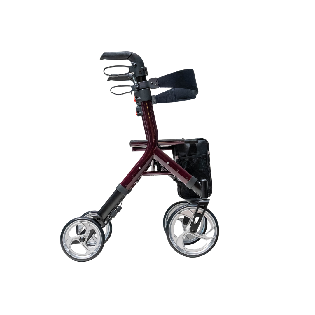 A side view of the Compass Health Ascent Premium Euro-Style Rollator in black and burgundy, featuring four wheels, a seat with under-seat storage pouch, and handles with brakes. Its design is modern and compact.