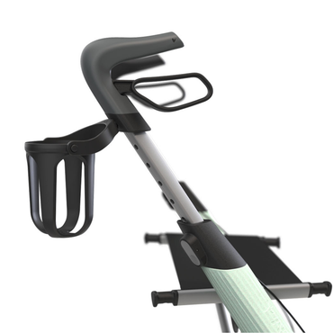 Close-up of a byACRE Rollator handlebar with mint green and black details, featuring the Cup Holder For ByAcre Rollators and a small mobility accessory attached to its side.