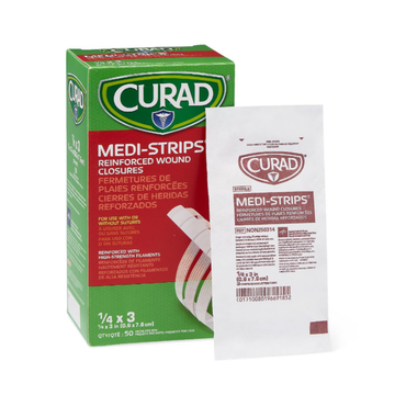 A green and white box of CURAD Sterile Medi-Strip Wound Closure Bandages is shown beside a packet with one strip. Both display branding and product details in English, French, and Spanish as alternatives to sutures.