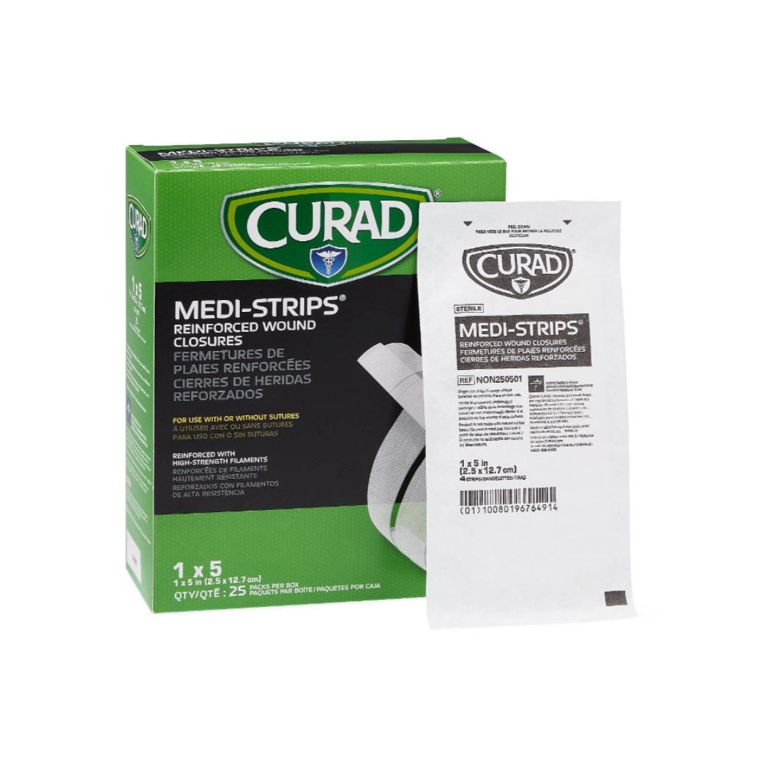 A green box of CURAD Sterile Medi-Strip Wound Closure Bandages with a white packet in front. Contains 25 hypoallergenic strips, each 1/4 inch by 3 inches, as an adhesive alternative to sutures.