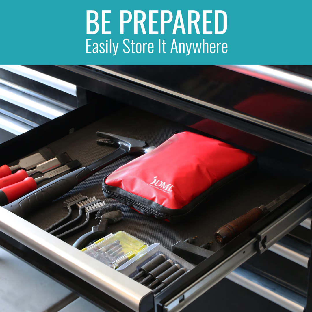 An open drawer filled with various tools and a red pouch labeled JDM. Text above reads, Be Prepared. Store your DMI 298-Piece Complete Emergency First Aid Kit anywhere for quick access in any emergency.