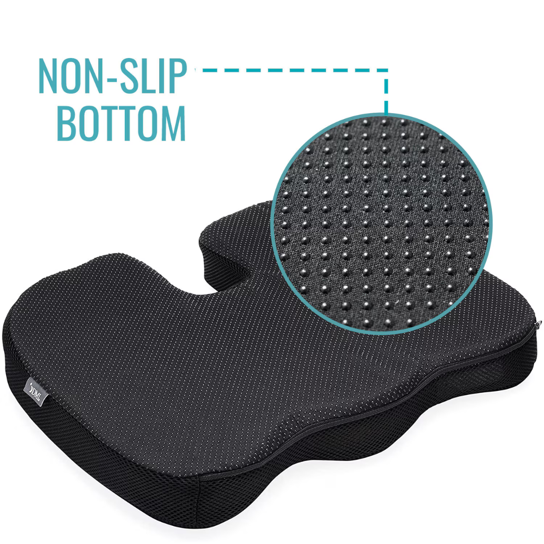 The DMI Premium Coccyx Seat Cushion is shown in black with a close-up of its textured, non-slip bottom. Ideal for tailbone pain relief and sciatica support. Text on image reads "NON-SLIP BOTTOM.