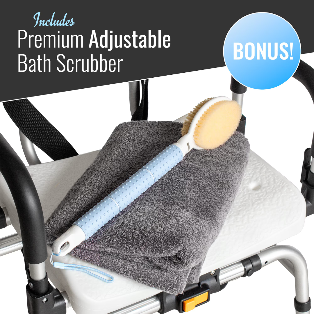 A DMI Rotating Sliding Tub Transfer Bench holds a folded gray towel and a premium adjustable bath scrubber with a blue handle. Text reads: Includes Premium Adjustable Bath Scrubber BONUS! Perfect addition to your bath safety equipment.