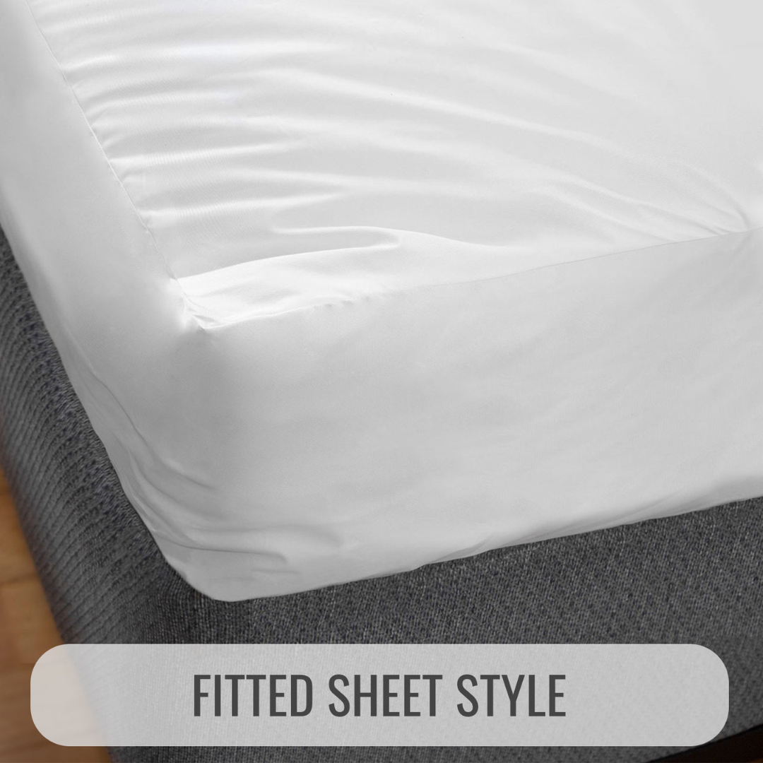 A close-up of the DMI Waterproof Mattress Protector, a white fitted sheet neatly covering a mattress corner with deep pocket design. "FITTED SHEET STYLE" appears at the bottom of the image.