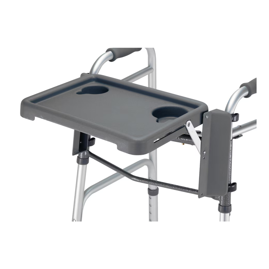 The DMI® Folding Walker Tray with Cup Holders is a gray plastic tray that attaches to the handles of a silver walker, providing a flat surface and two cup holders for carrying items.