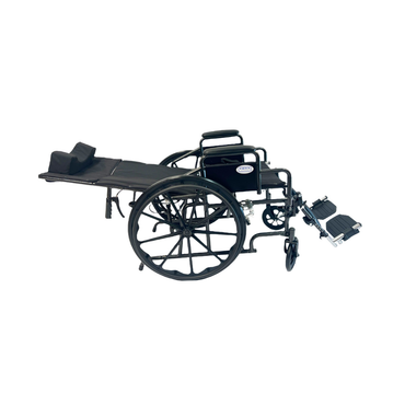 Dalton Medical Deluxe Recliner Wheelchair featuring an extended reclined backrest, raised leg supports, and black cushioning, shown from the side.