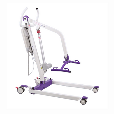 The Dansons PL350 Compact Electric Patient Lift, featuring a sturdy white and purple metal frame with wheels, hydraulic arm, and padded leg supports, offers effortless mobility transfer in nursing homes. Its lightweight, compact design includes hand controls and comes with a FREE sling.