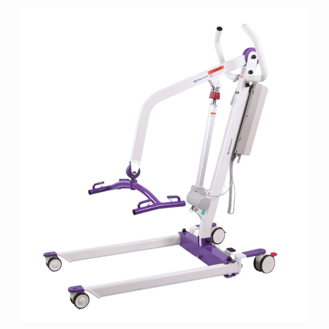 The Dansons PL350 Compact Electric Patient Lift, with a white and purple frame and wheels, ensures safe transfers. It features a long arm with a sling attachment, hydraulic mechanism, and intuitive hand controls for easy maneuverability when lifting individuals. Includes FREE Sling.