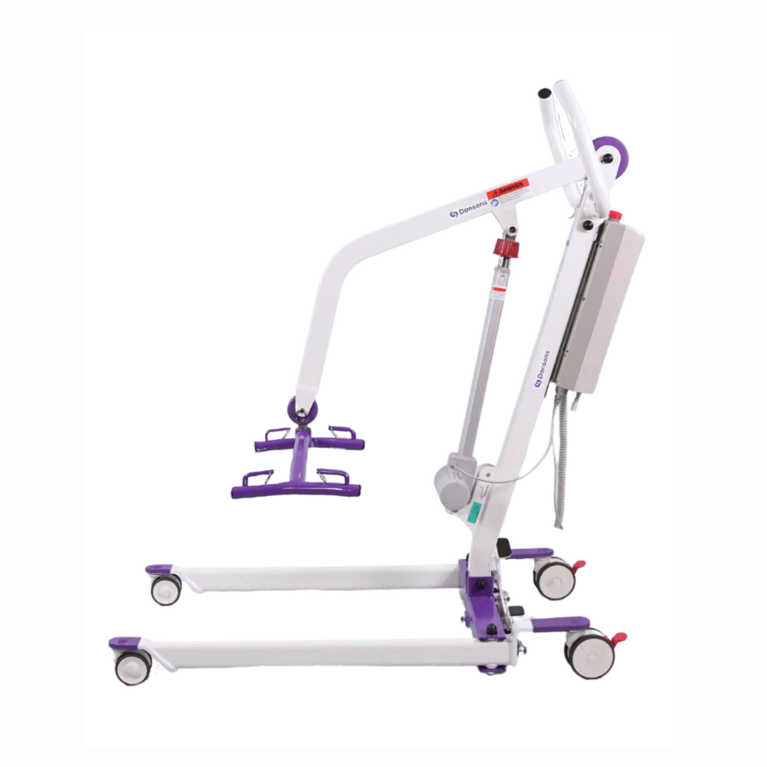 The Dansons PL350 Compact Electric Patient Lift in white and purple ensures safe patient transfers with ease. It includes adjustable arms, a sling attachment point, push handles, and a side control panel for easy maneuverability. Comes with a FREE sling.