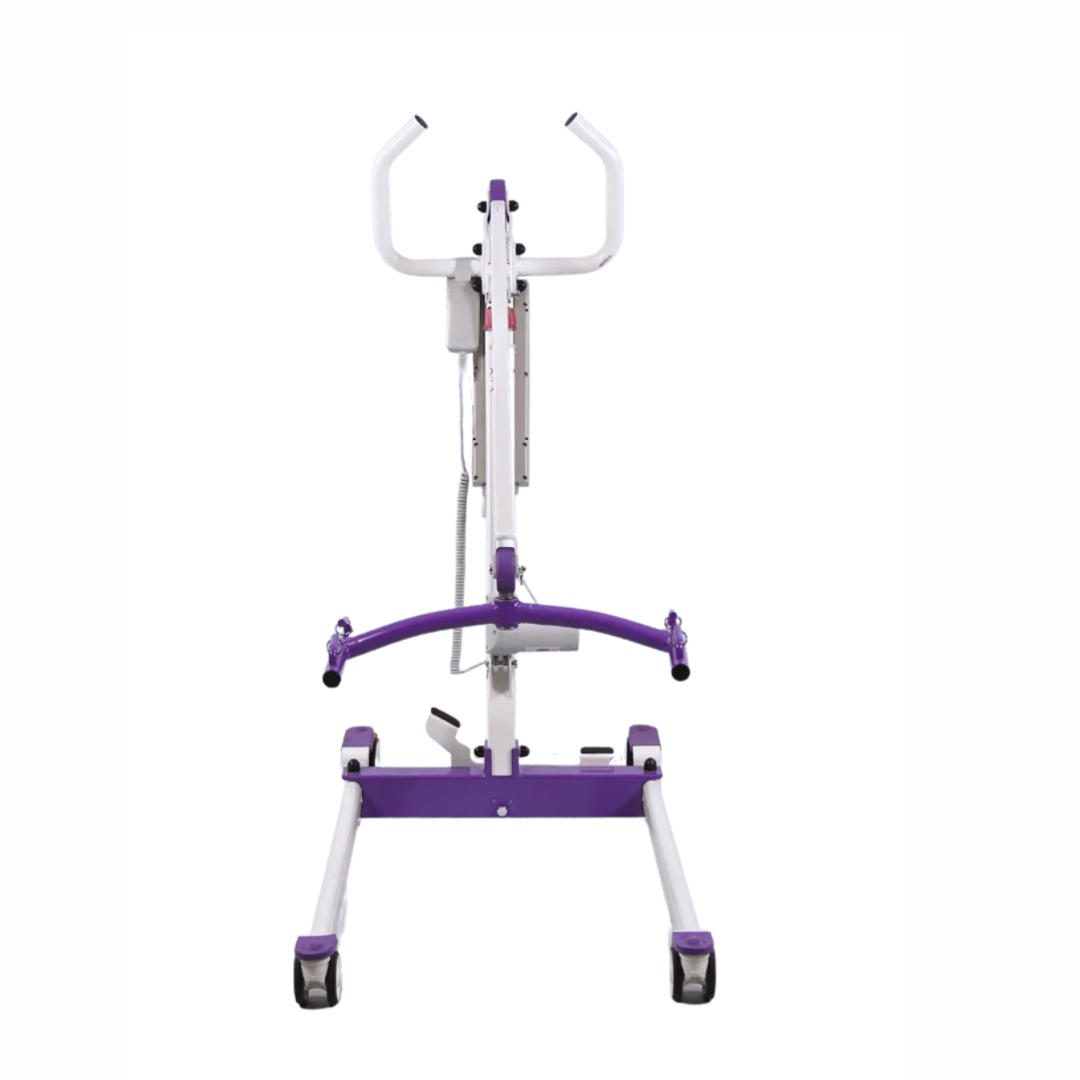 The Dansons PL350 Compact Electric Patient Lift with FREE Sling is a lightweight, white and purple lift featuring wheels, handlebars, a vertical frame, and a curved lifting arm. Its designed to assist individuals with mobility challenges and is ideal for nursing home settings.