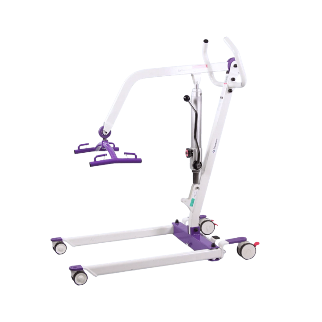 The Dansons PL350H Compact Hydraulic Patient Lift in white and purple features wheels, an adjustable arm, and a sling attachment—designed for safely lifting and transferring individuals with limited mobility. Includes FREE sling.