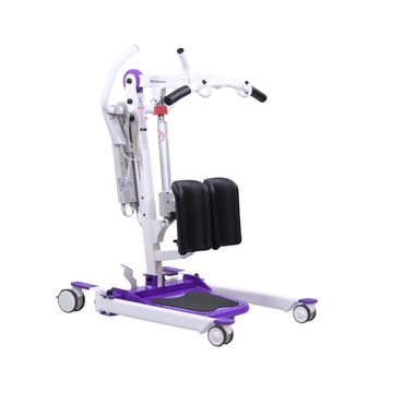 The Dansons SA350 Compact Electric Stand Assist + FREE Sling is a purple and white patient transfer hoist with padded knee supports, handles, and wheels, designed for assisting movements up to 350 lb in healthcare settings.