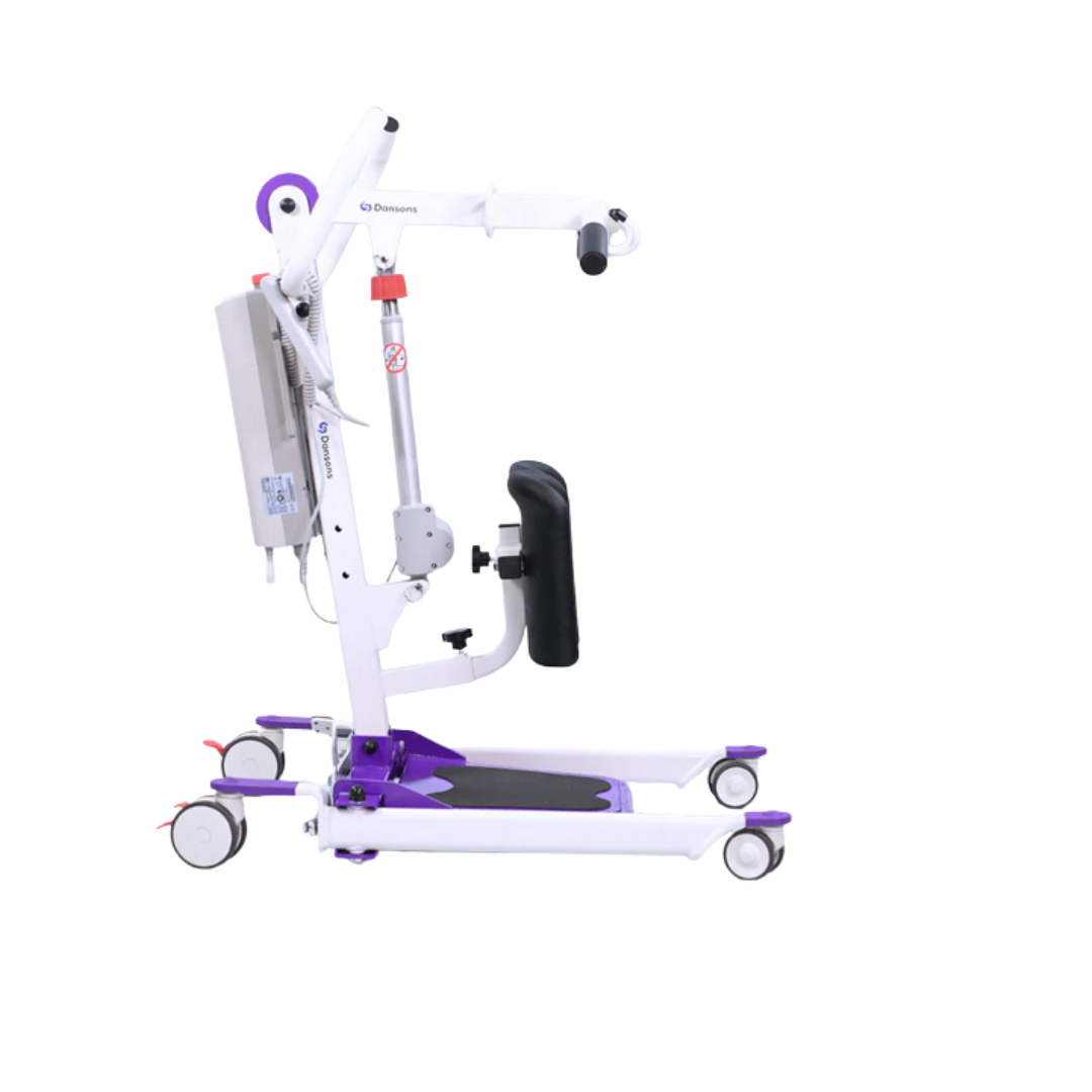 The Dansons SA350 Compact Electric Stand Assist, in white and purple, features wheels, padded knee support, handles, a sturdy adjustable frame, and a 350 lb capacity. Includes a FREE sling for assisting people with mobility challenges.