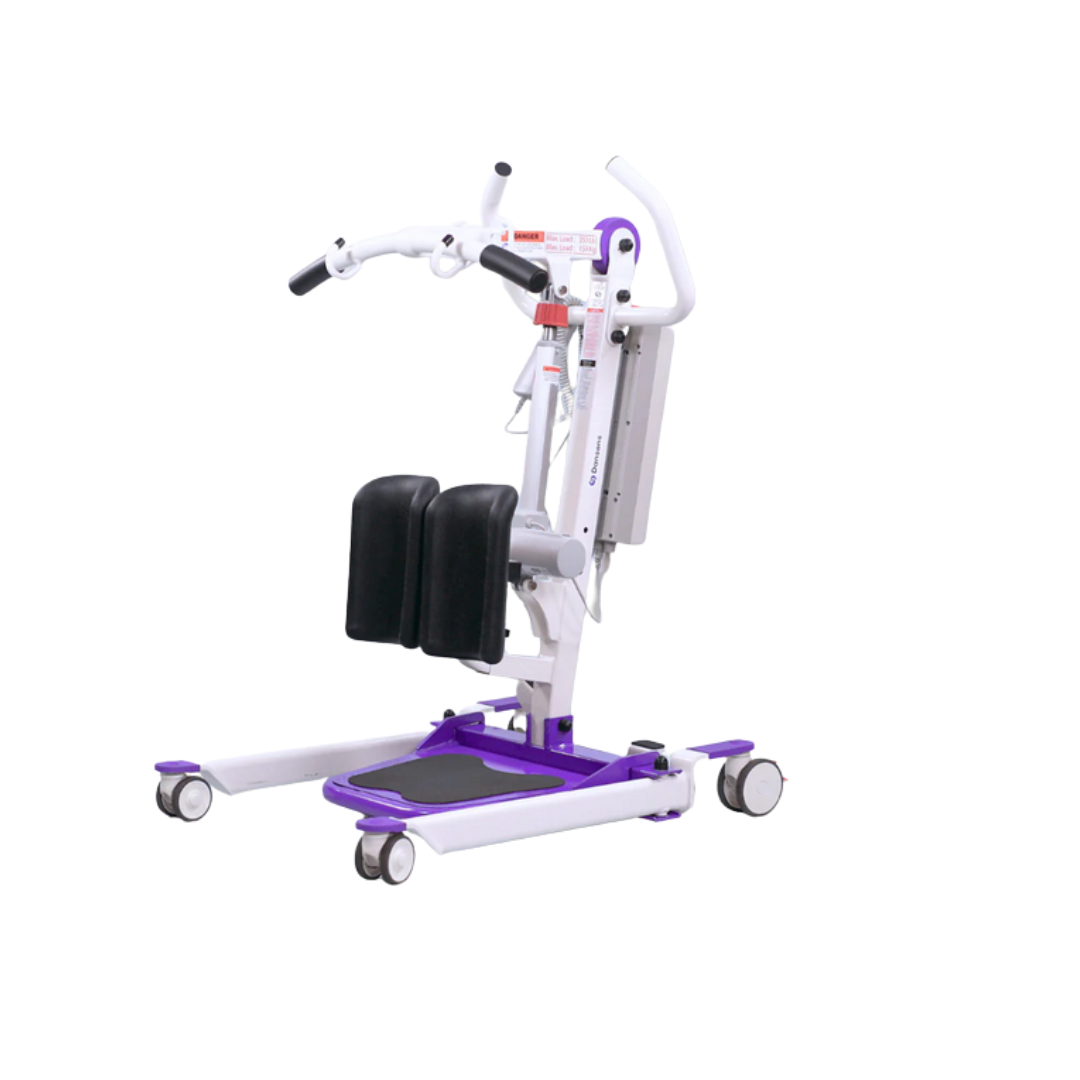 The Dansons SA350 Compact Electric Stand Assist, in white and purple, features padded knee supports, handlebars, a footplate, four wheels, a 350 lb lifting capacity, and comes with a free stand assist sling for patient mobility and transfers.