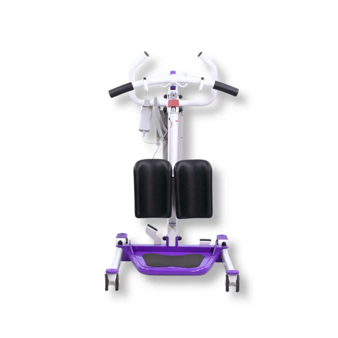 The Dansons SA350 Compact Electric Stand Assist, shown on a plain white background, is a white and purple mobility device with padded knee supports, handlebars, foot platform, wheels, and a 350 lb lifting capacity. Includes a FREE sling.