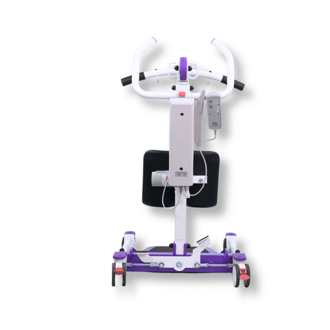 The Dansons SA350 Compact Electric Stand Assist + FREE Sling is a purple and white medical transfer aid with handles, padded backrest, foot platform, four wheels, and a 350 lb lifting capacity for use with a stand assist sling.
