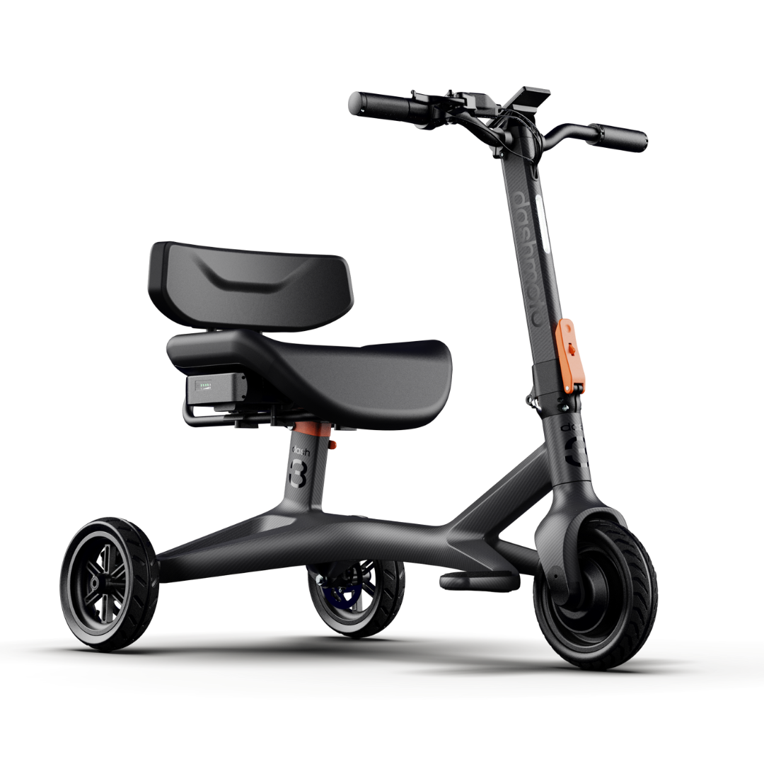 The Dashmoto High Performance Dash 3 Airlize Approved Travel Scooter is a modern black electric three-wheeler with a wide seat, backrest, sturdy frame, and UL2271 Certified Battery for safe, comfortable urban commuting.