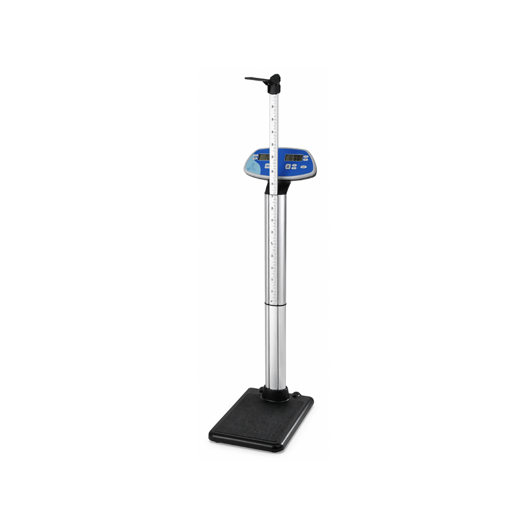 Doran Digital Physician Scale with Height Measuring | 500 lb Capacity, featuring a blue control panel and sturdy black platform base, is designed for weighing and measuring patients in healthcare settings. The DS5100 model is shown on a white background.
