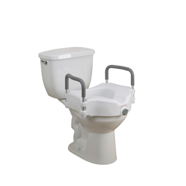 The Drive 2-in-1 Locking Raised Toilet Seat with Removable Arms offers a 5" rise and tool-free arms to enhance toilet height and provide support for individuals with mobility needs.