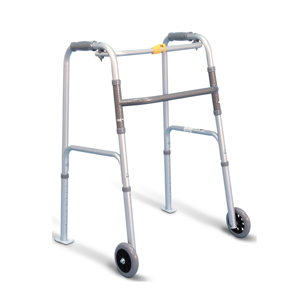 The Drive Airgo One Touch Button Folding Walker has a durable aluminum frame, 5" front wheels, rubber-tipped back legs for mobility, and dark padded grips on handles and crossbars for comfort.