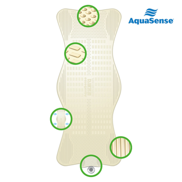The Drive AquaSense Bath Mat - Contoured with Invigorating Massage Zones is a beige, full-length mat featuring textured, slip-resistant surface and green circles, plus the AquaSense logo with blue waves in the top right corner.