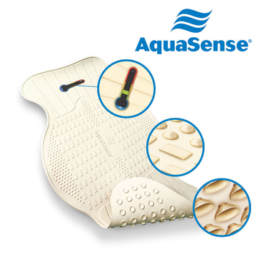 The Drive AquaSense Bath Mat - Contoured with Temperature Indicator is shown in detail, featuring textured surfaces, raised suction cups, and a temperature indicator; the AquaSense logo appears at the top with blue wavy lines.
