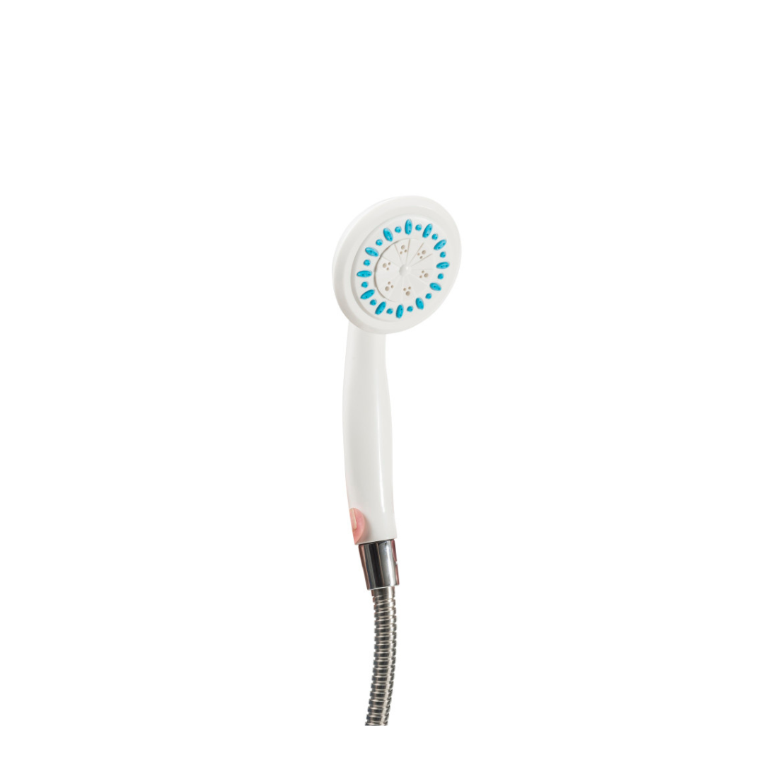 The Drive AquaSense Shower Spray is a white handheld shower head with blue nozzles, three spray modes, and an extra-long hose, shown isolated on a white background.