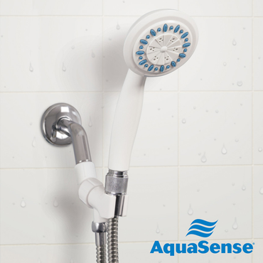 The Drive AquaSense Shower Spray, a handheld shower head with an extra-long hose, is mounted on a tiled shower wall with visible water droplets. The AquaSense logo with blue waves appears in the bottom right corner.