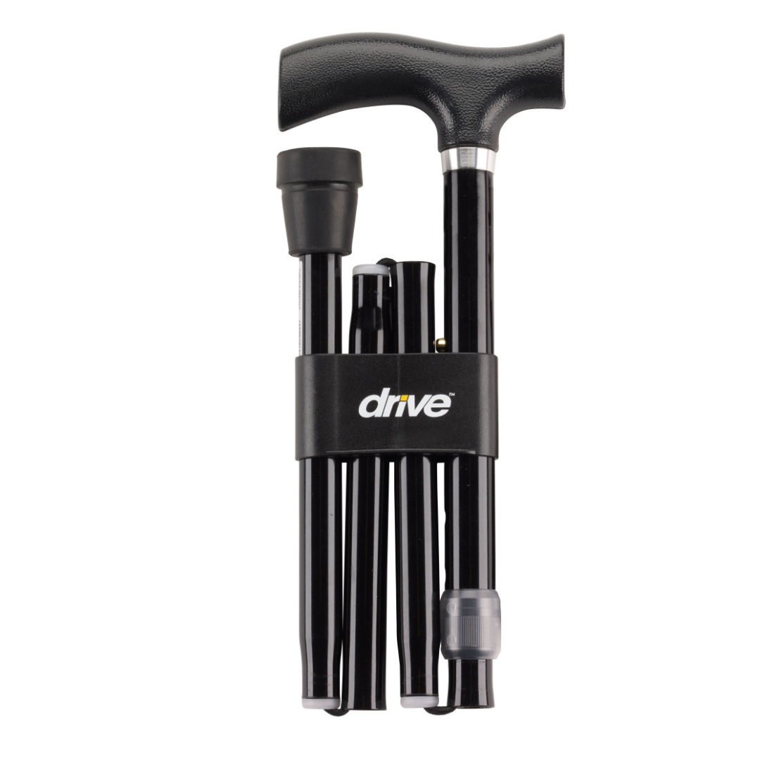 The Drive Bariatric Aluminum Folding Walking Cane features a black finish, curved handle, rubber tip, and folds for easy storage with a secure holder displaying the Drive logo—offering adjustable support and convenience.