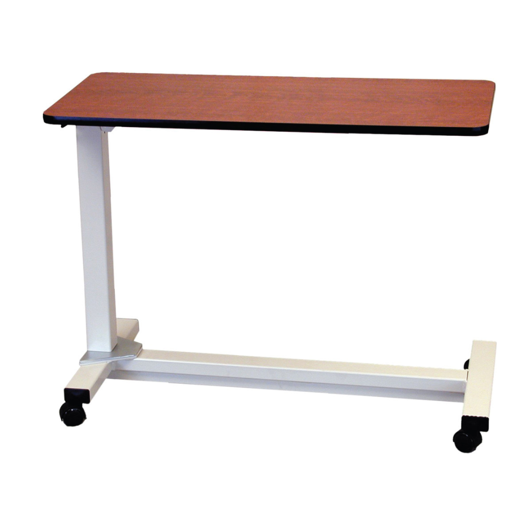 The Drive Bariatric Extra Long Overbed Table features a height-adjustable rectangular wooden top and a sturdy metal frame with four caster wheels for easy mobility.