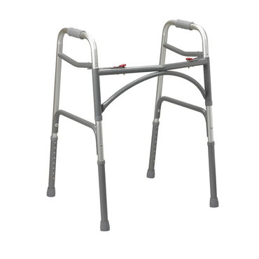 The Drive Bariatric Aluminum Two Button Folding Walker is lightweight, features curved handles, four rubber-tipped legs, adjustable leg height, side safety clips, and is designed for mobility assistance.