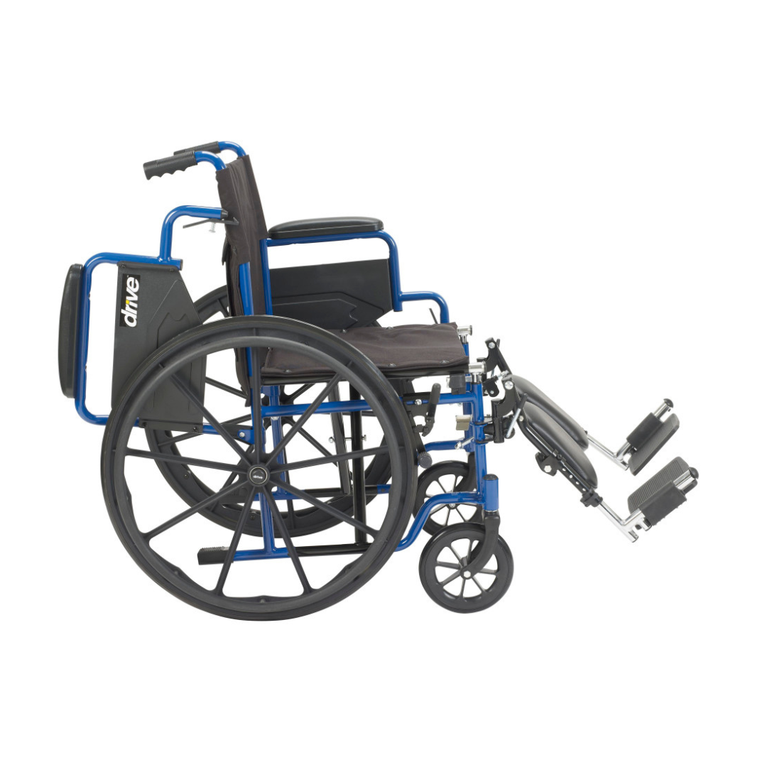 The Drive Blue Streak Portable Wheelchair in blue and black features large rear wheels, small front wheels, elevated footrests, armrests, comfortable seating, and Drive branding—an ideal mobility aid for daily use.
