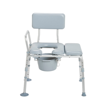 The Drive Combination Padded Transfer Bench/Commode is a light gray portable chair with a backrest, armrests, padded seat, removable bucket, and four adjustable legs with rubber tips—offering stability for commode use and bathing assistance.