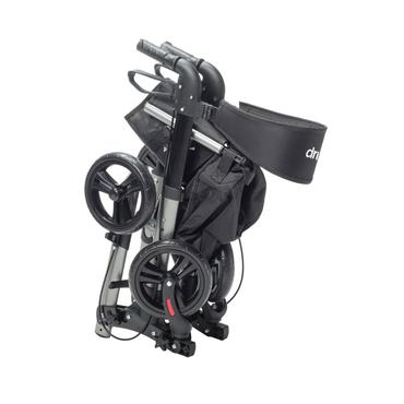 A Drive Lightweight Portable Rollator - Ultra Compact Fold in black and silver is shown folded, with its wheels and carrying strap visible.