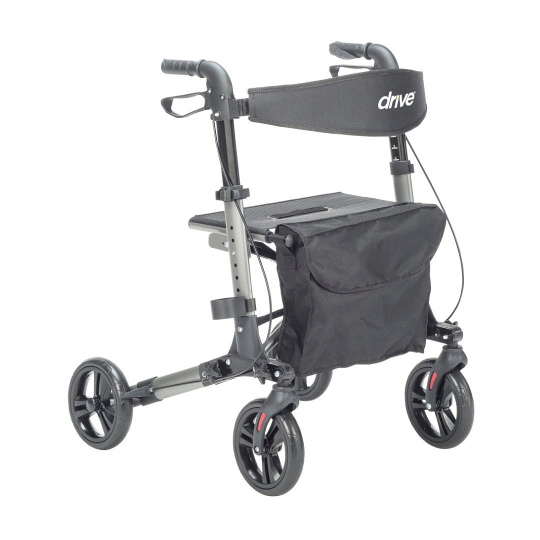 The Drive Lightweight Portable Rollator - Ultra Compact Fold is a black and gray four-wheel rollator with hand brakes, a padded seat, backrest labeled "drive," and a large front storage bag for comfort and convenience on the go.