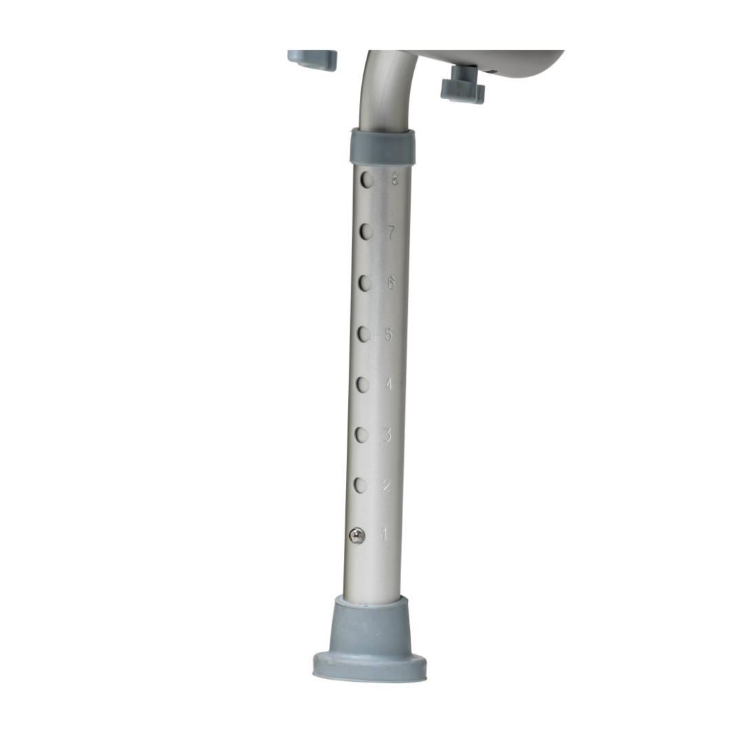 Close-up of a metal, height-adjustable leg with numbered settings and a grey plastic foot, as featured on the Drive Deluxe Aluminum Bath Chair with its lightweight aluminum frame.