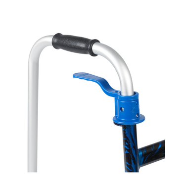 Close-up of the Drive Deluxe Trigger Release Folding Walker with 5" Wheels, showing its lightweight aluminum handlebar with black grip and blue locking lever on a silver frame, set against a white background.
