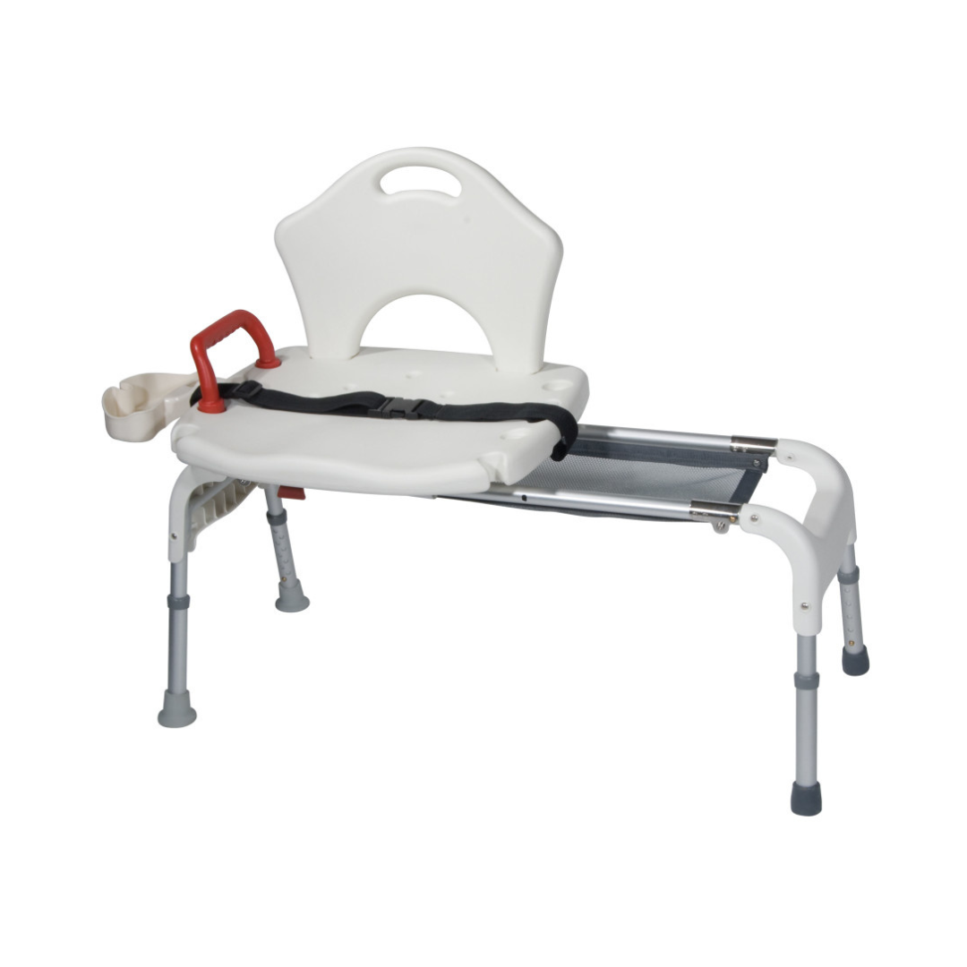 The Drive Folding Universal Bathtub Sliding Transfer Bench features a white adjustable seat with backrest, red safety handle, black seatbelt, built-in soap dish, and four gray non-slip legs for safe and easy tub entry and exit.