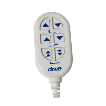 A white, oval remote for the Drive Full Electric Low Height Homecare Bed features six blue arrow buttons for adjusting bed positions, "drive" in blue at the bottom, and a cord attached to the base.